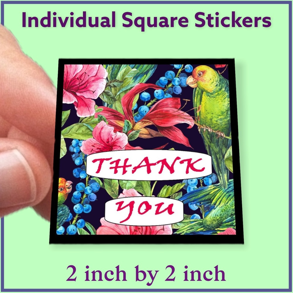 100 (2x2 Inch) Square Stickers, Tropical Parrot Hibiscus High Gloss, Thank You - Picture 1 of 1
